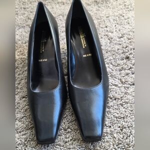 Vintage Italian Black Leather Square Toe Block Heel Pumps Women's Size 10